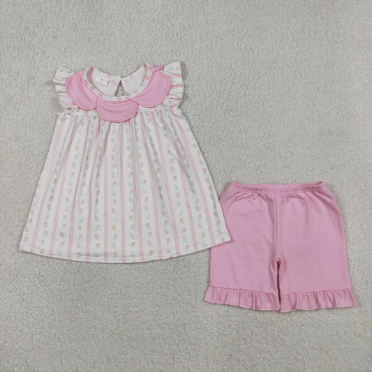 GSSO3363 Kids Baby Girls Pink Flowers Stripe Collar Tunic Ruffle Shorts Clothes Sets