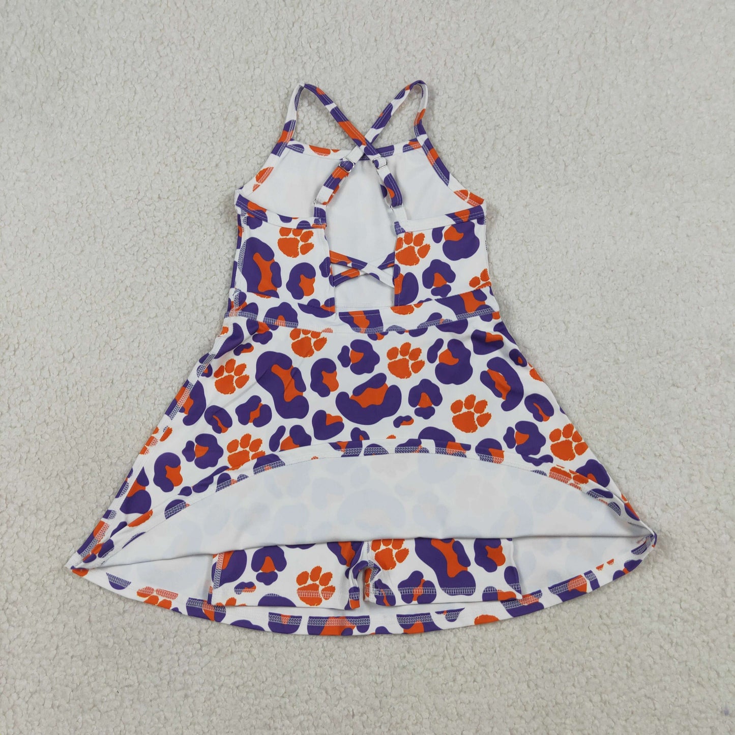 GSD3687 Kids Baby Girl Strap Leopard Pawls Team Yoga Active Shorts Knee Length Dress
