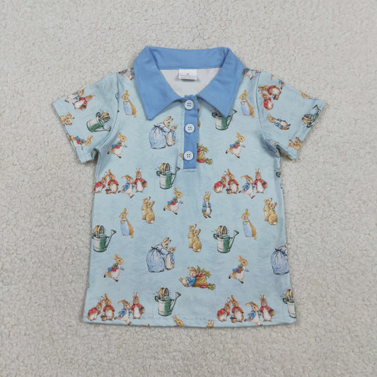 BT1665 Kids Baby Boy Short Sleeve Rabbits Easter Button Polo Shirts Top