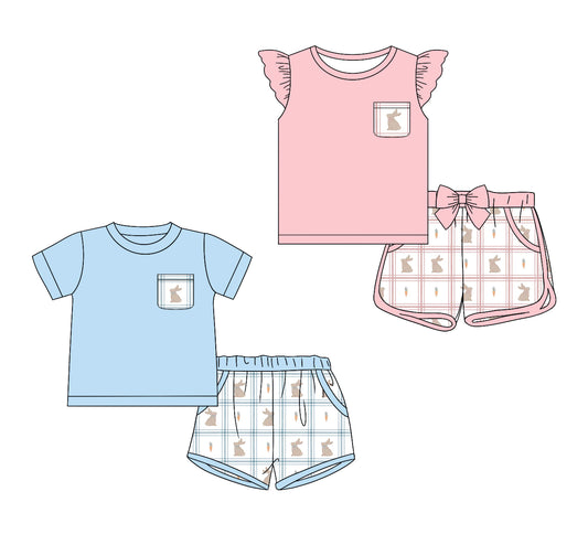 26.1.5 Custom MOQ:3 or 5 pcs each design milk silk Sibling baby boy girl clothes easter short sleeve shorts sets 2