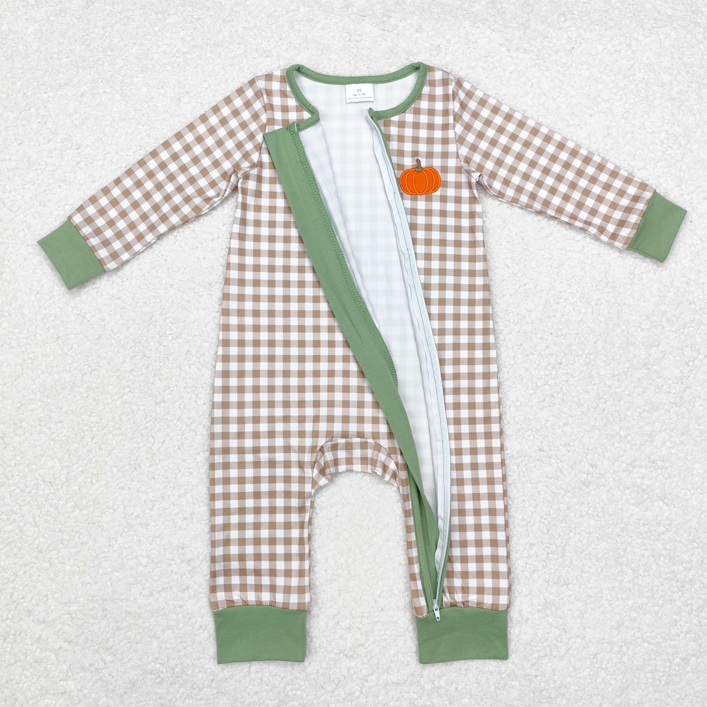 LR1254 Baby Infant Boys Fall Checkered Pumpkin Zip Rompers