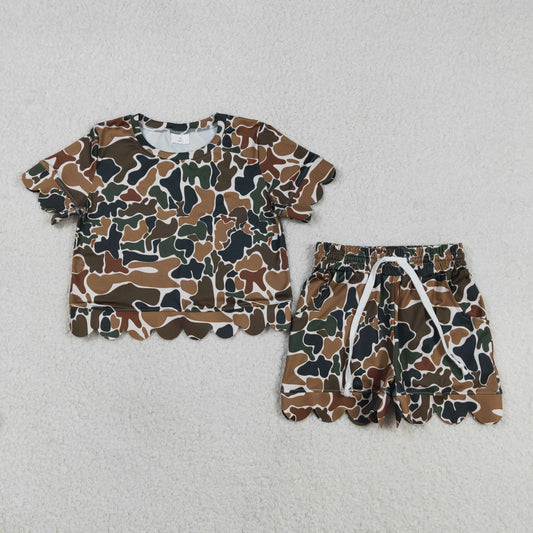 GSSO3228 Kids Baby Girl Southern Dark Brown Camo Top Scallop Shorts Clothes Sets