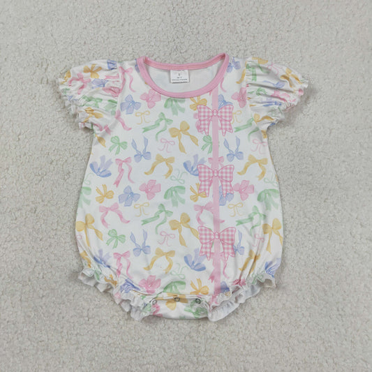 SR3672 Baby Girl Short Sleeve Colorful Bows Button Ruffle Rompers