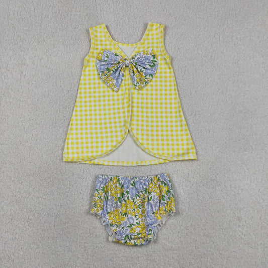 GBO0504 Kids Baby Girls Yellow Checked Flowers Back Bow Tunic Flowers Bummies Clothes Sets