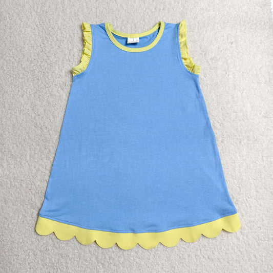GSD4061 Kids Baby Girls Blue Yellow Sleeveless Scallop Knee Length Dresses