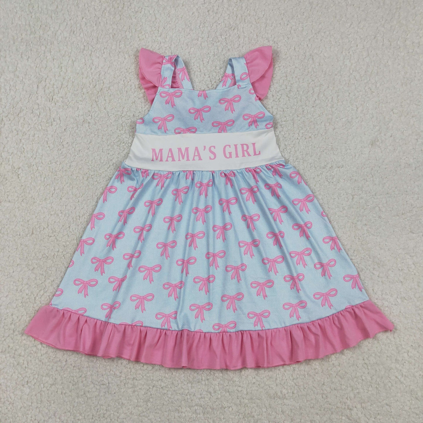 GSD2980 Kids Baby Girls Flutter Sleeve Mama's Girl Bows Ruffle Knee length Dresses