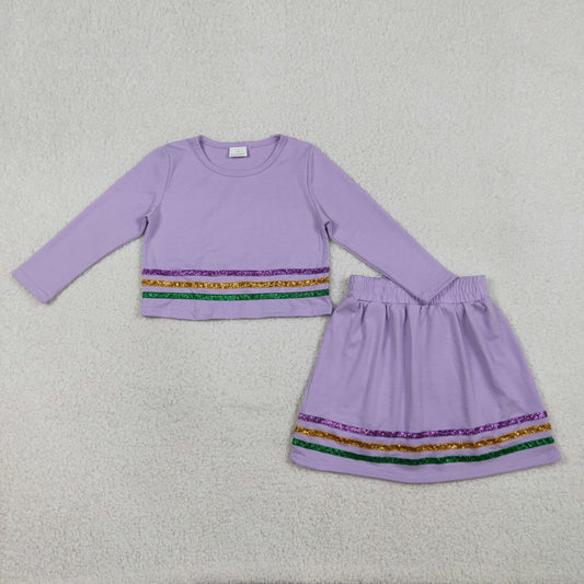 RTS NO MOQ(In Stock) GLD1573 Carnival Colorful Striped Purple Long-Sleeve Skirt Set