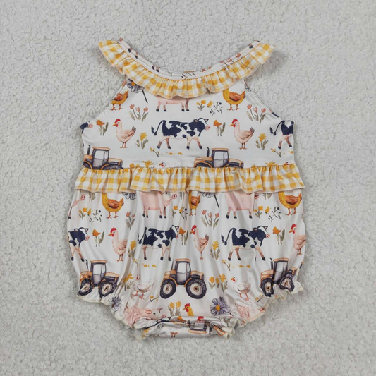 SR3848 Newborn Baby Girls Cows Trucks Farm Collar Ruffle Rompers