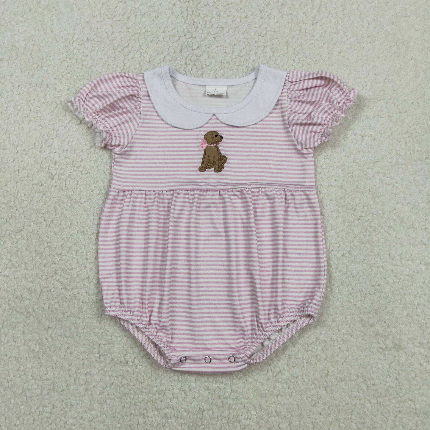 RTS NO MOQ（In Stock) SR3476 Embroidered Puppy Collar Pink Striped Short-Sleeve Jumpsuit