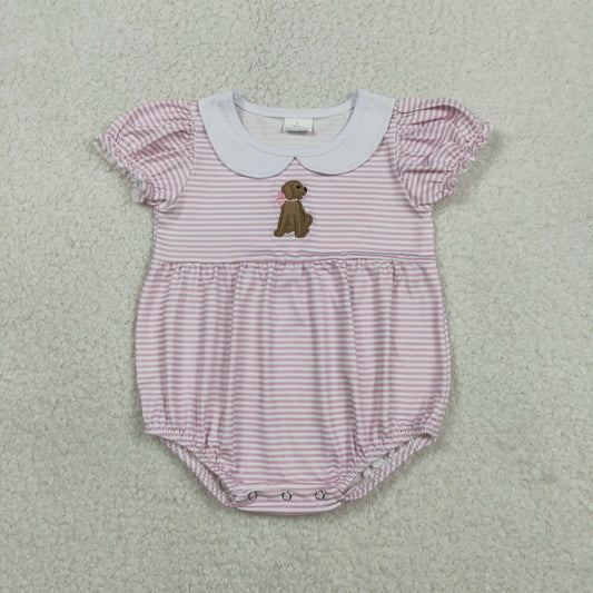 RTS NO MOQ(In Stock) SR3476 Embroidered Puppy Collar Pink Striped Short-Sleeve Jumpsuit