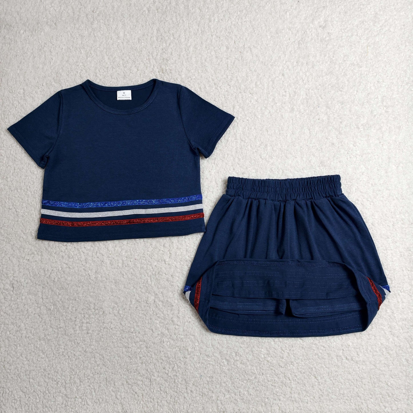 GSD3811 Kids Baby Girls Navy Short Sleeve Stripe Top Skirt Shorts Slouchy Clothes Sets