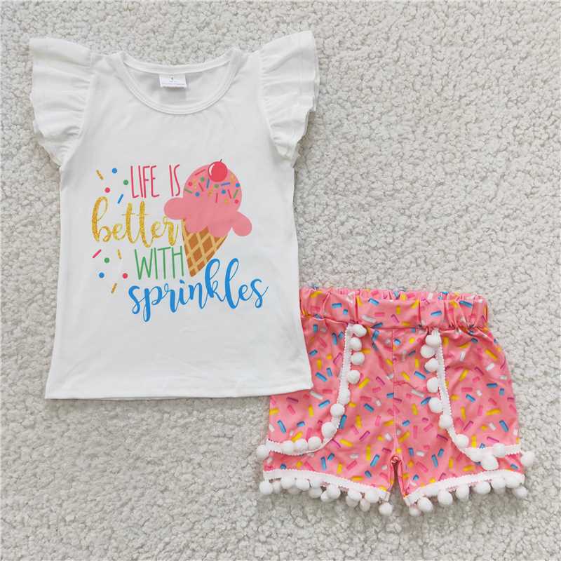 D13-20 Baby Girls Letter T-shirt pink pompom Shorts sets