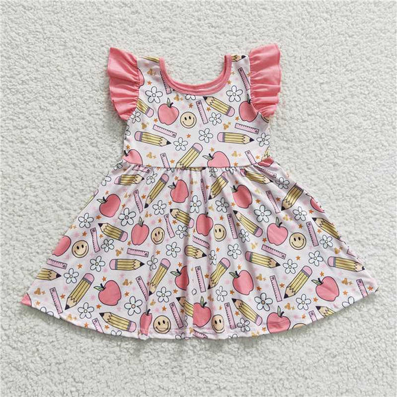 GSD0406 Pencil Apple smiley face flower pink flying sleeve dress