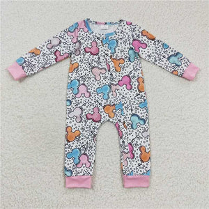 LR0300Cartoon print white zip-up long-sleeved onesie