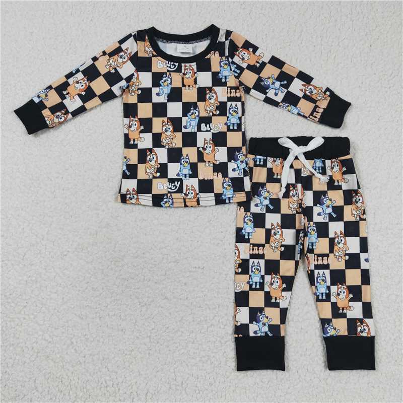 BLP0190 Cartoon bluey Orange and black plaid long-sleeved pantsuit