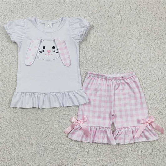 3.28 GSSO0128 Girls embroidered rabbit white short sleeve pink shorts set