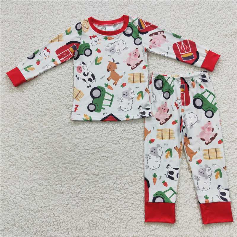 BLP0197 Farm red house Cattle pig sheep animal red border long sleeve pants suit