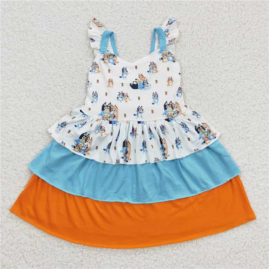 GSD0396 Cartoon dog bluey Blue and orange color contrast flying sleeve dress