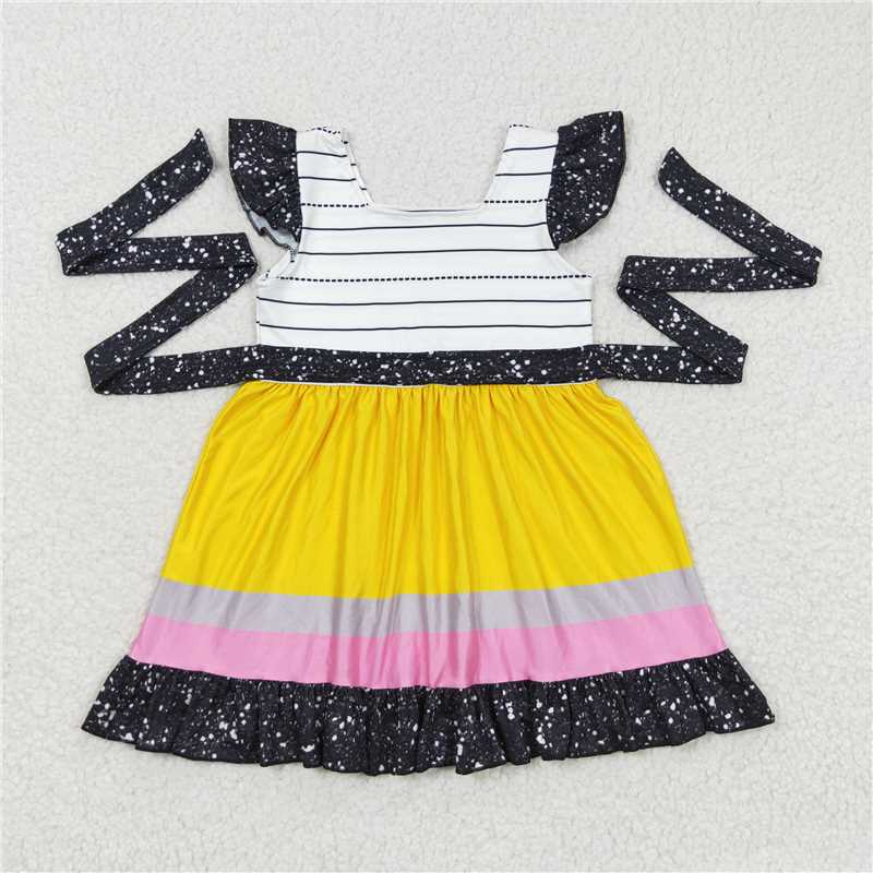 GSD0409 Back-to-school yellow powder gray color black belt stripe fly sleeve