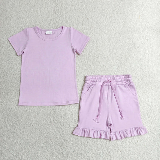 GSSO3350 Kids Baby Girls Short Sleeve Light Pink Shirt Top Pockets Ruffle Short Clothes Set