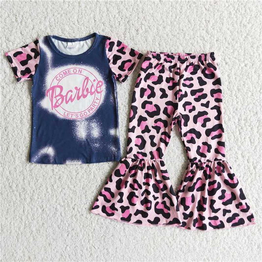 E8-1Short sleeve top pink leopard bell bottoms suit