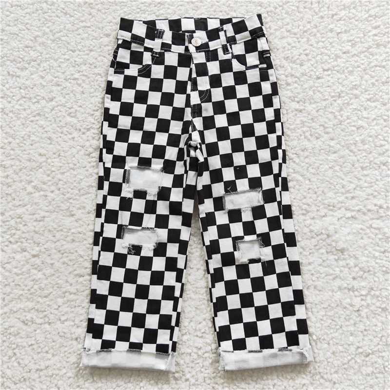 P0122 Black and white checked ripped denim jeans pants