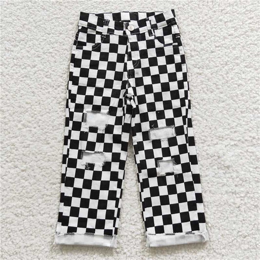 P0122 Black and white checked ripped denim jeans pants