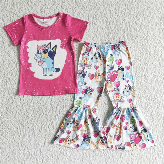 GSPO0066 Girls' rose-red bluey short sleeve pantsuit