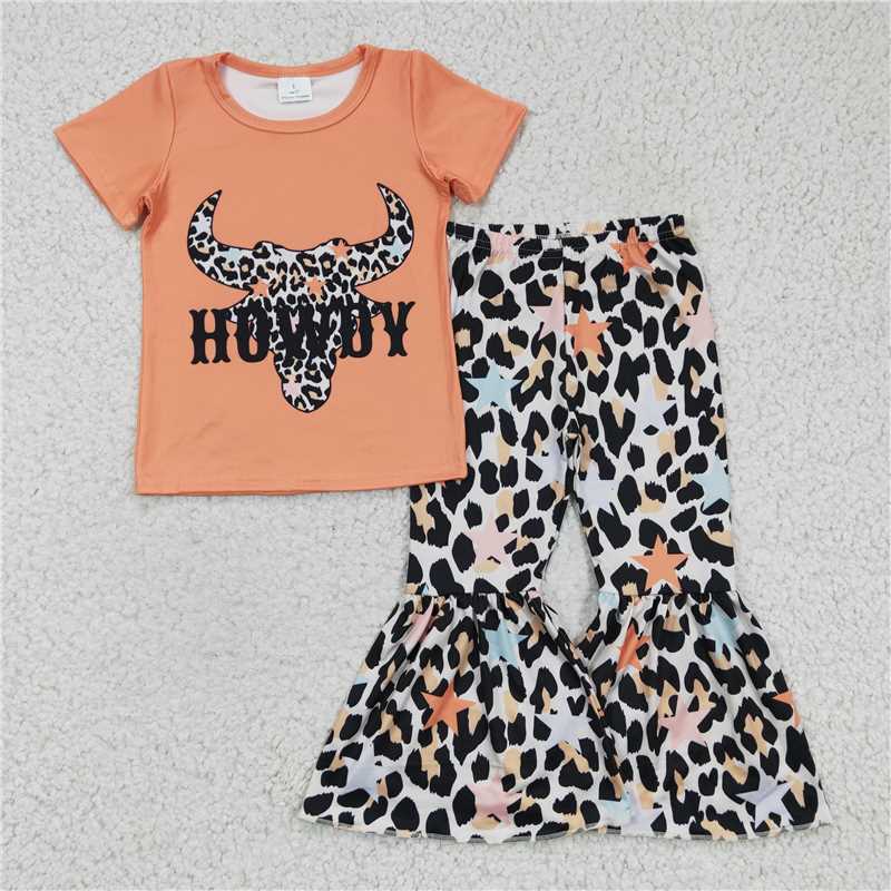 GSPO0305 Girls HOWDY leopard print cow head short-sleeved long pants set