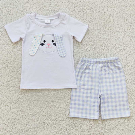 3.28 BSSO0090 Boys embroidered rabbit white short-sleeved blue plaid shorts suit