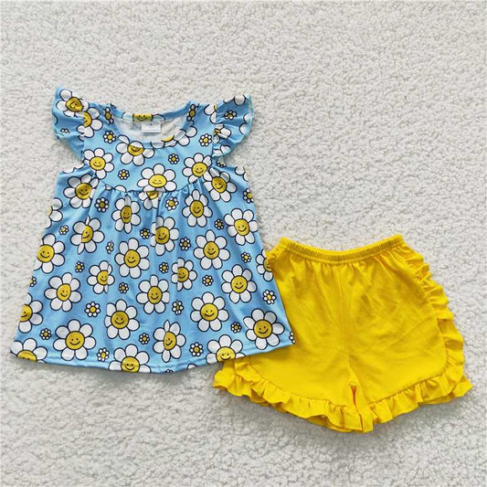 GSSO0318 Kids Baby Girls Flowers Tunic Summer Shorts Sets