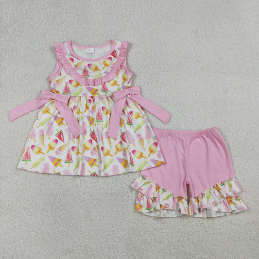 RTS NO MOQ（In Stock) GSSO3067 Ice Cream Stick Pink Lace Bow White Sleeveless Shorts Set