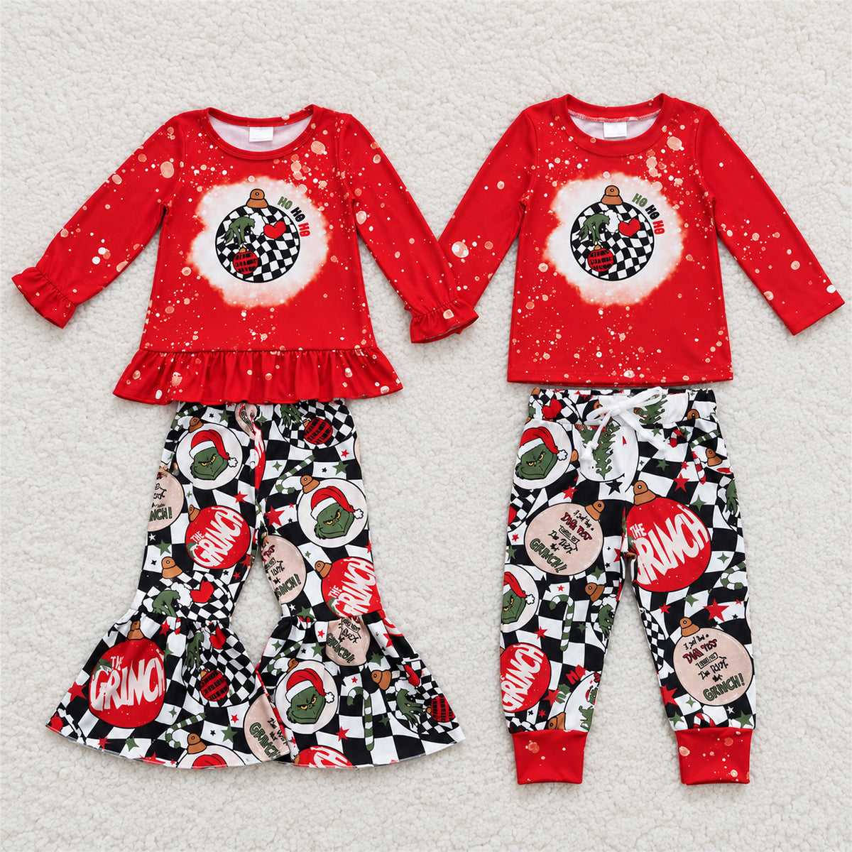 Sibling Baby Girls Boys Christmas Red Ball Bell Bottom Pants Clothes Sets