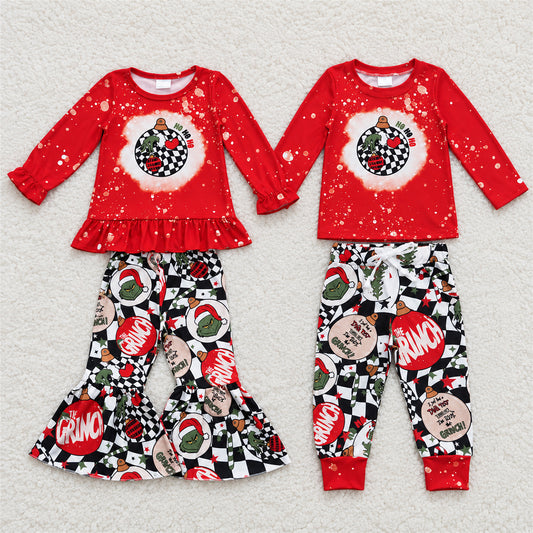Sibling Baby Girls Boys Christmas Red Ball Bell Bottom Pants Clothes Sets