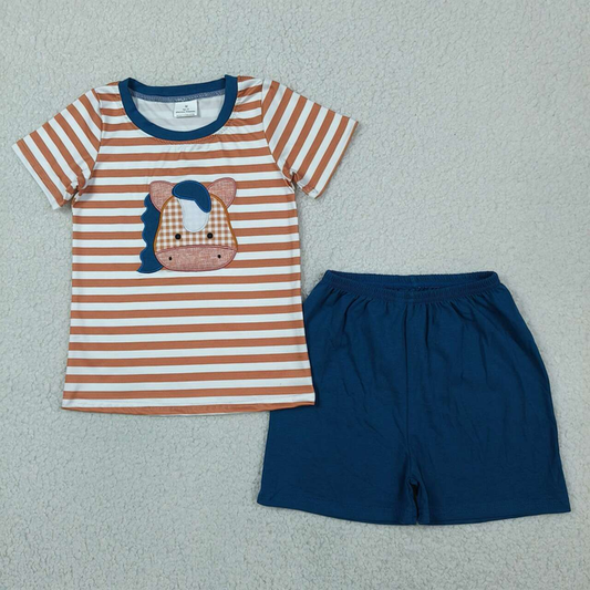 BSSO0380 Kids Embroidery Horse Baby Boys Stripe Top Shorts Western Farm Clothes Sets