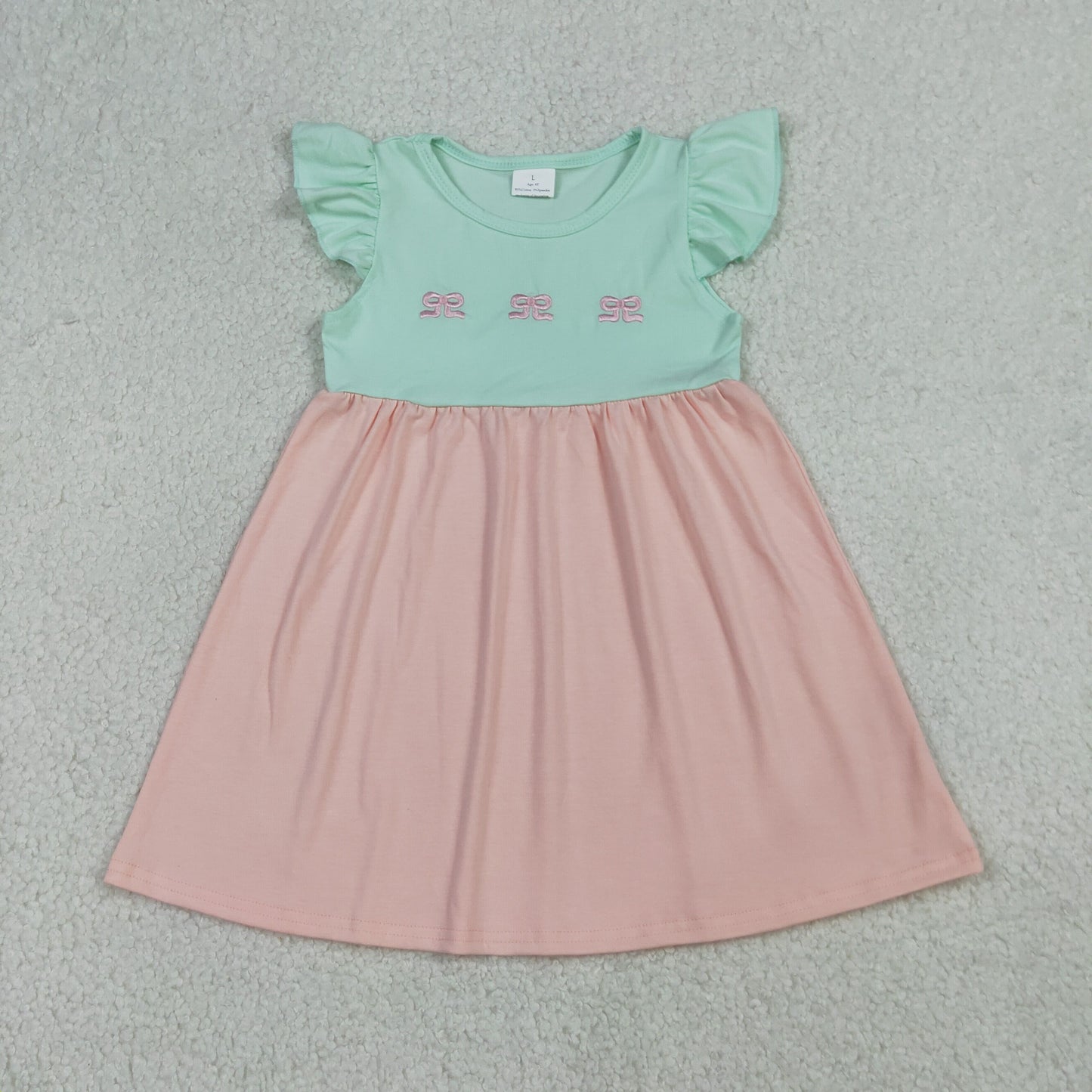 GSD3530 Kids Baby Girls Embroidery Bows Flutter Sleeve Patchwork Knee Length Dress