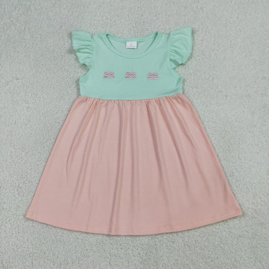 GSD3530 Kids Baby Girls Embroidery Bows Flutter Sleeve Patchwork Knee Length Dress