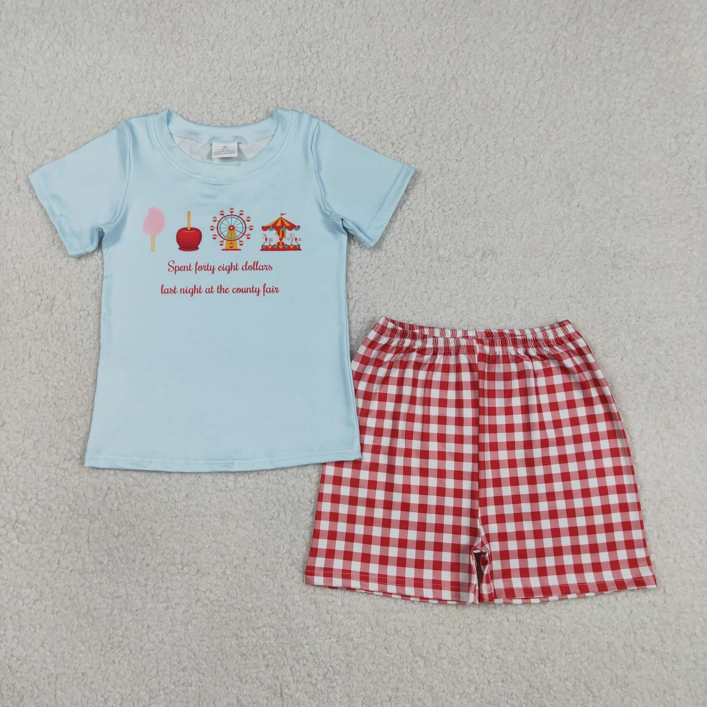 BSSO1482 Baby Boy Blue Short Sleeves Parks Top Red Plaid Short Clothes Set