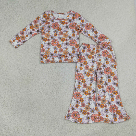 GLP3404 Kids Baby Girls Ghost Flowers Shirt Top Flare Pant Halloween Clothes Sets