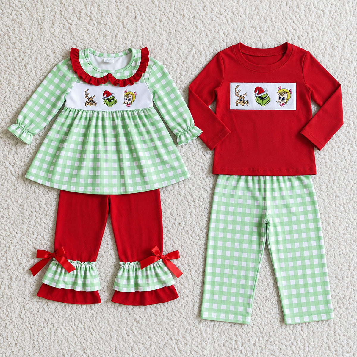Sibling Baby Boys Girls Christmas Plaid Tunic Legging Pants Clothes Sets