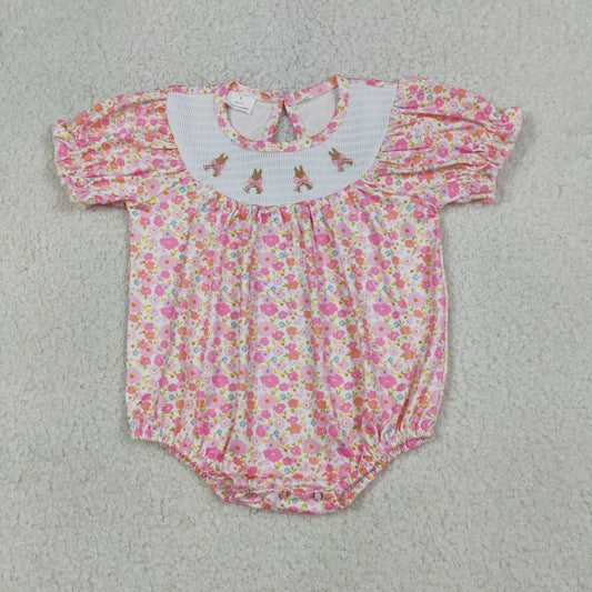 SR3785 Newborn Smocked Bow Rabbits Baby Girls Pink Flowers Easter Ruffle Rompers
