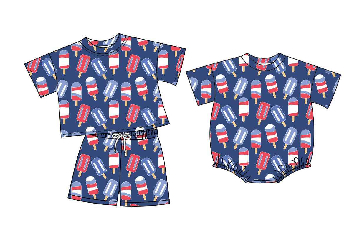 26.1.10 Custom MOQ:3 or 5 pcs each design milk silk Sibling baby boy clothes short sleeve shorts sets and romper