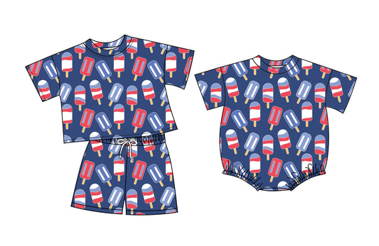 26.1.10 Custom MOQ:3 or 5 pcs each design milk silk Sibling baby boy clothes short sleeve shorts sets and romper