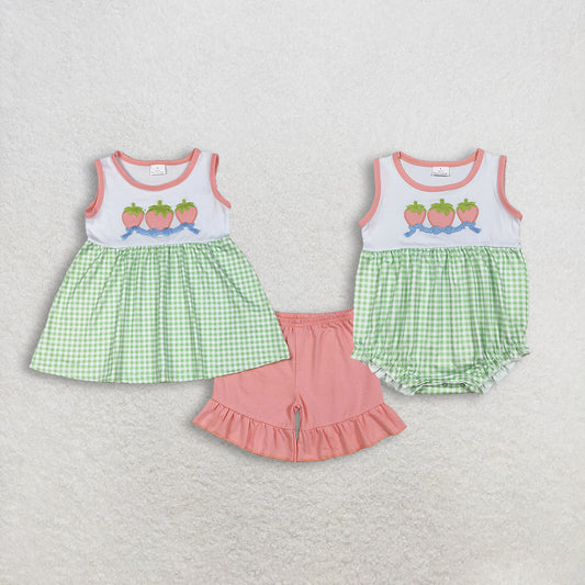 Sibling Baby girls clothes Embroidery bow short sleeve shorts sets and Rompers