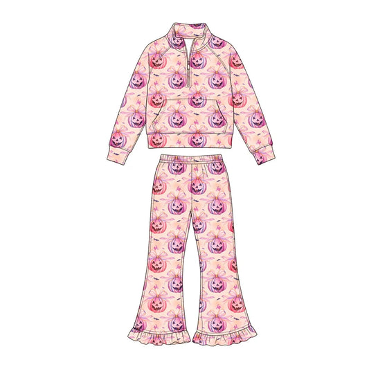 7.25 design Baby Girls Bows Ghost Pumpkins Zip Pocket Pullover Top Bell Bottom Pant Halloween Clothes Sets