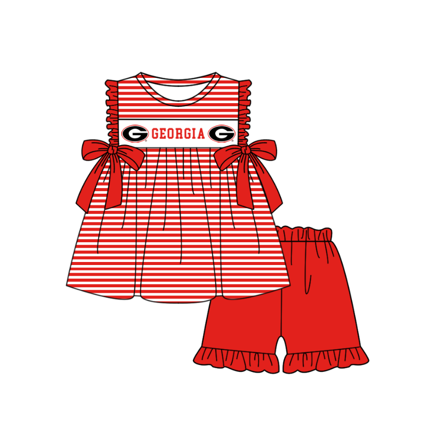 1.30 Custom Order Moq 3 Baby Girl Georgia Team Bows Stripe Tunic Top Ruffle Shorts Clothes Sets