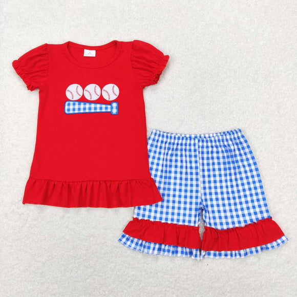 GSSO0428 Embroidered baseball red lace short sleeve blue plaid shorts set