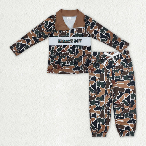 11.1 Sibling Baby Boys Camo Embroidery Mama's Boy Ducks Dogs Zipper Pullover Pockets Jogger Hunting Clothes Set