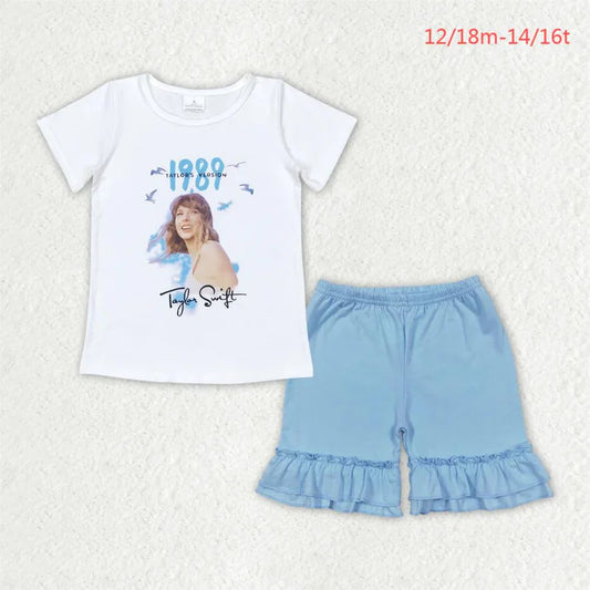 GT0531+SS0183 Baby Girls 1989 Singer White Shirt Ruffle Shorts Clothes Sets