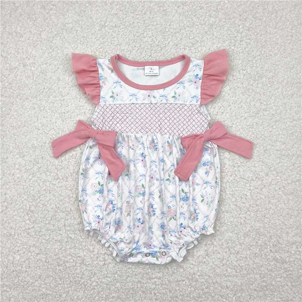 5.3  Sibling Embroidery Baby Infant Girls Flutter Sleeves Bows Ruffle Rompers